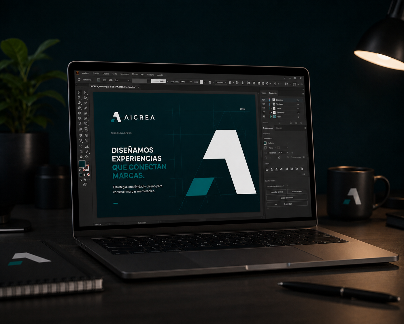 Computadora mostrando trabajo de diseño y branding de Aicrea